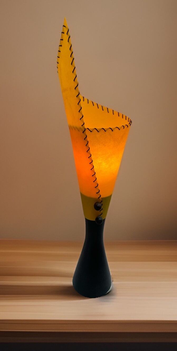 MCM Boho Style Sculptural Wood Abstract Table Lamp Yellow Gold Shade 26” Tall